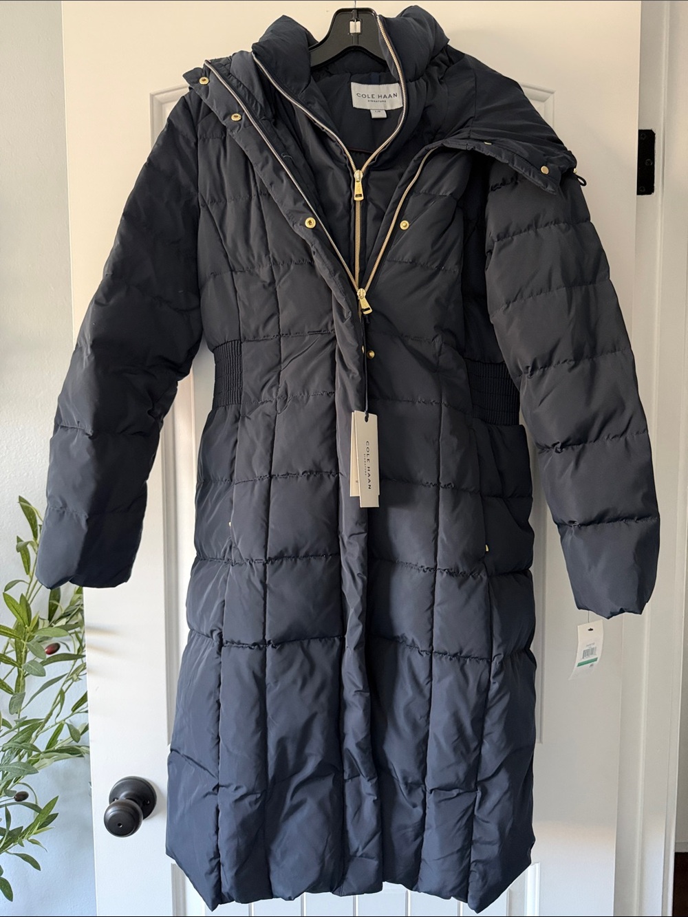Cole Haan Signature Down Coat 40” Navy Blue with Gold Accents
